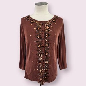 Coldwater Creek Cardigan M Beaded Fairy Mori Girl Sweater Art To Wear Boho Brown